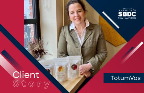 Client story graphic for TotumVos with owner and bags of her chew products