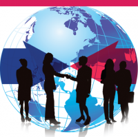 Clipart of people doing business in front of a globe